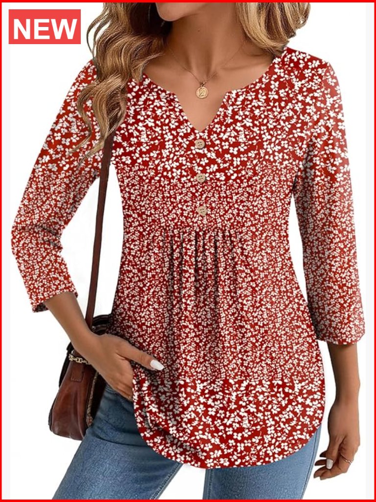 3/4 Sleeve V-Neck Pleated Blouse, Polyester Spandex Blend, Business Casual